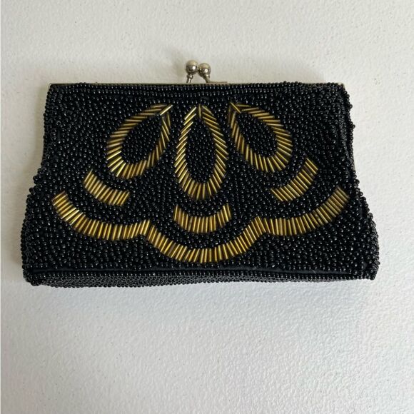 Vintage Beaded Kiss Lock Black Gold Clutch Handbag Purse Handmade Hong Kong - Picture 1 of 8